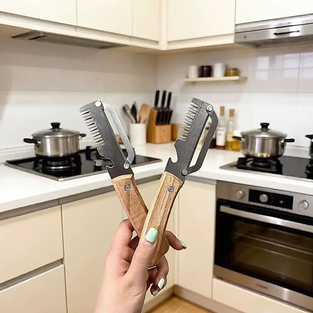 Utensílio de cozinha multifuncional para picar e fatiar cebolas, cabo de madeira, abridor de garrafas, cortador de fruta