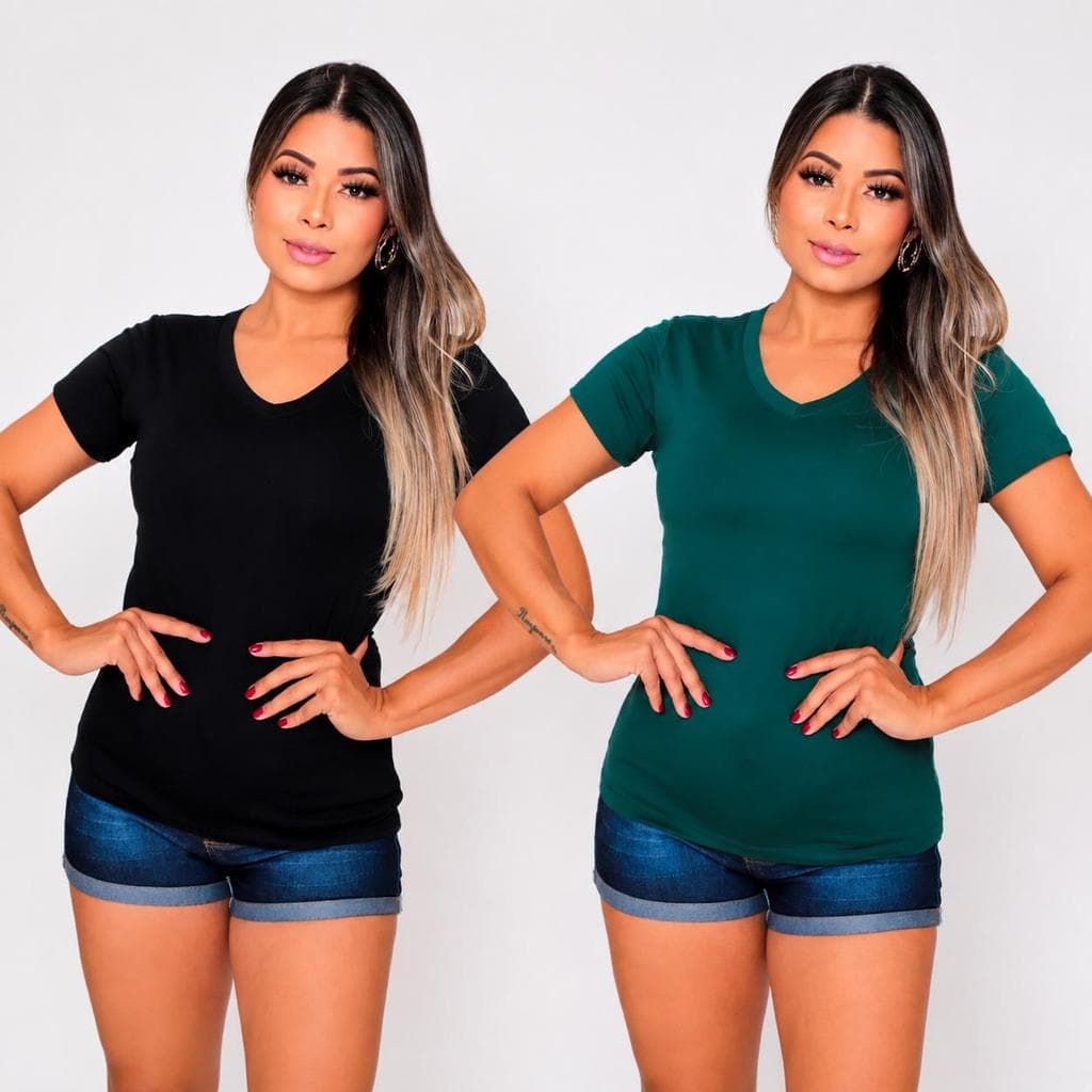 Kit 2 Baby Look Feminina Gola V Viscolycra Básica Blusa Manga Curta Confortável Dia a Dia