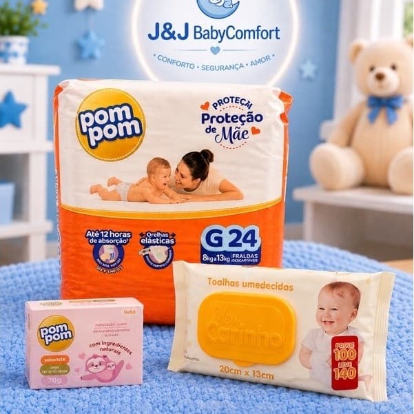 Kit Chá de Bebê (Cuidados para bebê) POM POM - 1 Pacote de Fralda descartavel, 1 Paconte de lenço umedecido, 1 Sabonete