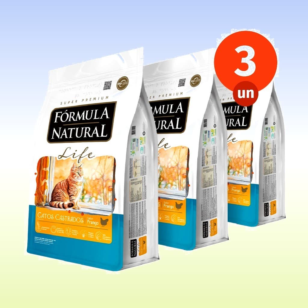 Kit Ração Seca 3 Fórmula Natural Life Gatos Castrados Sabor Frango 1 KG Adimax