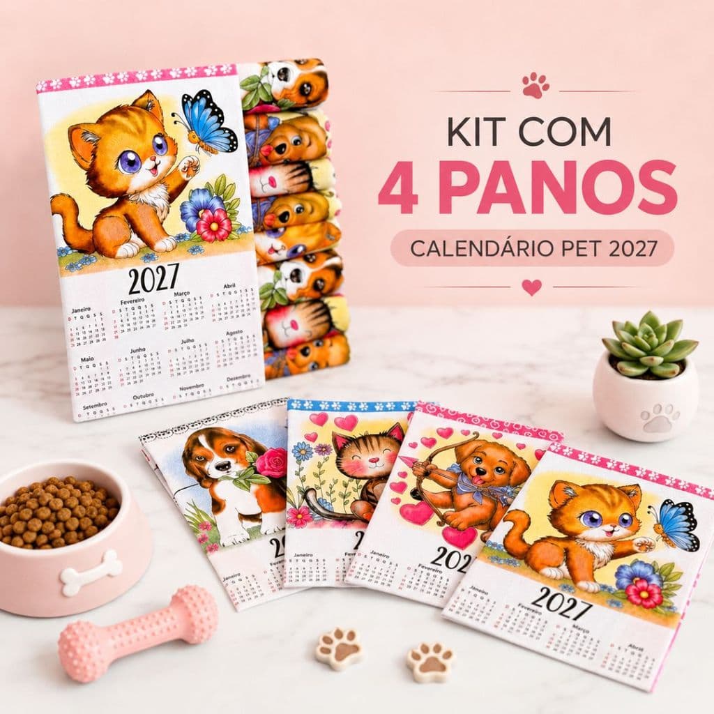 Kit 4 Pano De Prato Calendário 2027 Pet - 4 Estampas Sortidas
