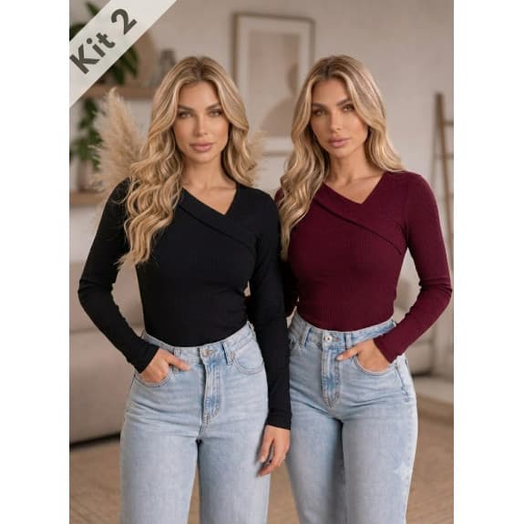 Kit 2 Blusa Manga Longa Feminina Canelada Premium Segunda Pele Assimétrica Ribana Em Algodão