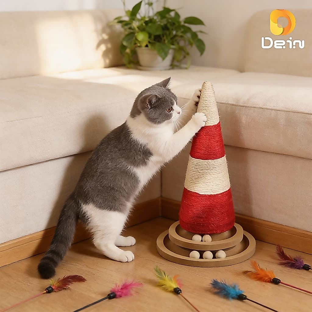 Arranhador para Gatos 44cm Poste com Sisal Base 24cm Antiderrapante com Bolinhas Interativas