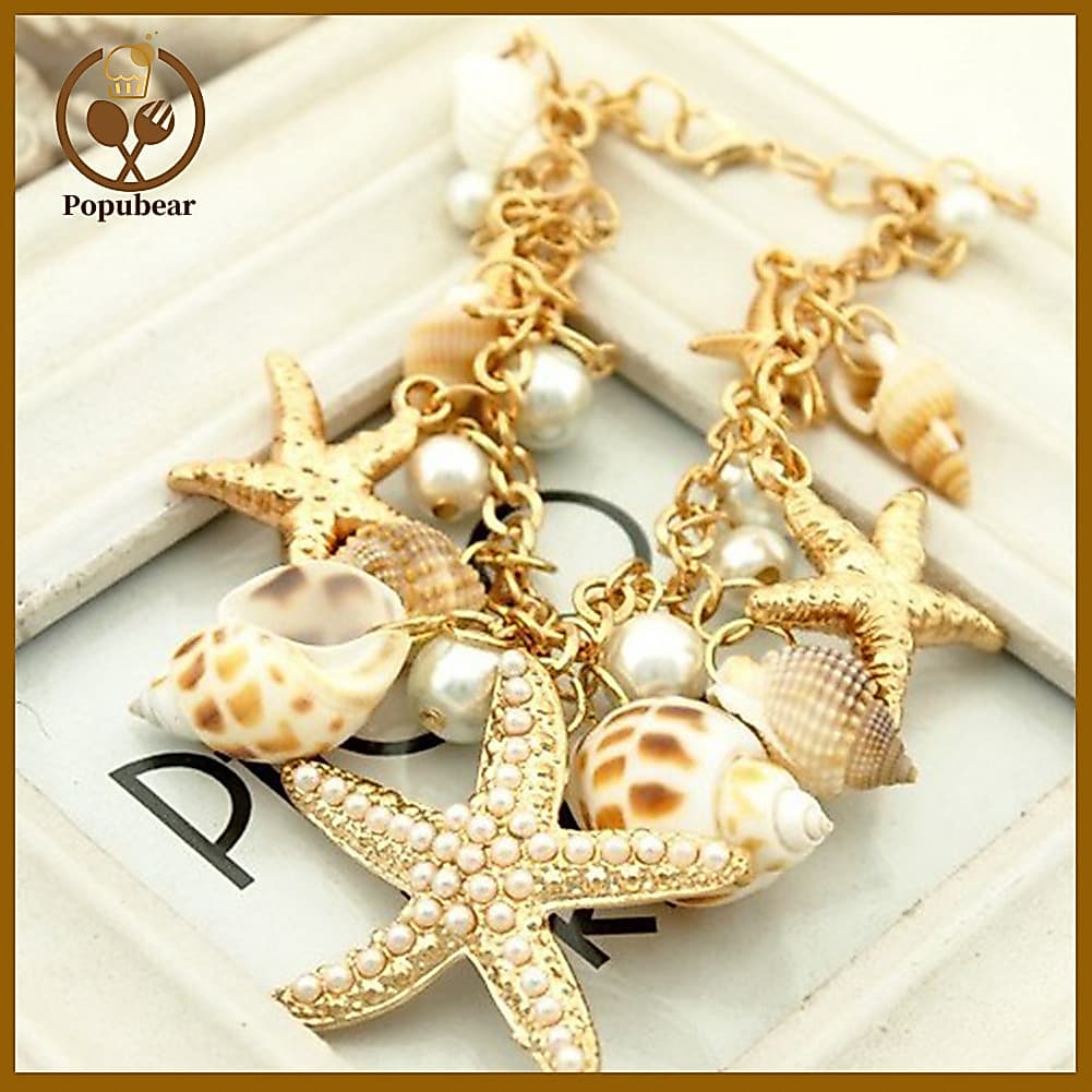 Pulseira Feminina com Conchas do Oceano, Estrelas e Pingentes de Pérolas de Imitação - Presente de Joalheria M0LV