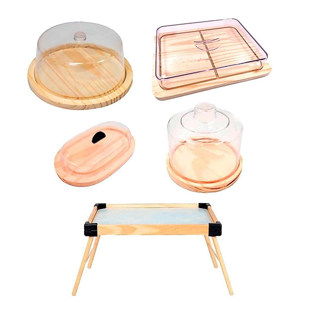OFERTA 9.9 KIT 5Pçs Café da Manhã, Bandeja, Queijeira, Boleira Manteigueira, P. Frios Médio G , Madeira Natural