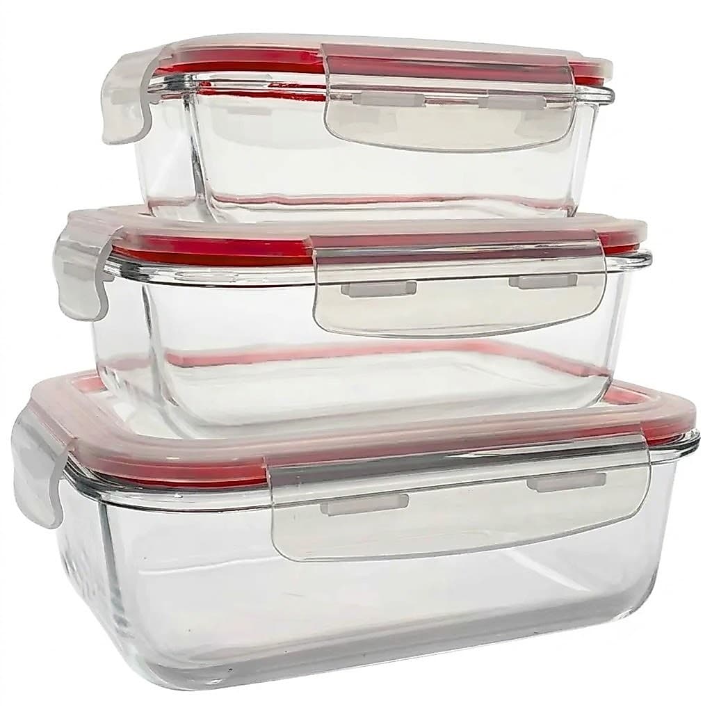 Kit 3 Potes Herméticos Vidro Borossilicato 370ml 640ml 1040ml Com Trava Retangular