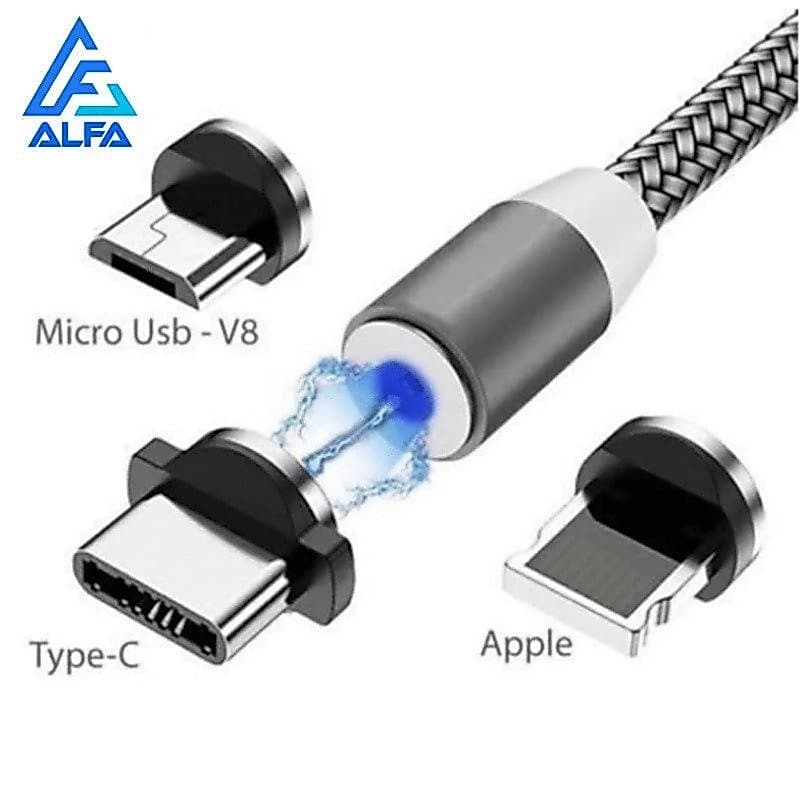 Cabo Carregador Magnético 3 em 1 led V8 ,Tipo C, iPhone Micro Usb Universal