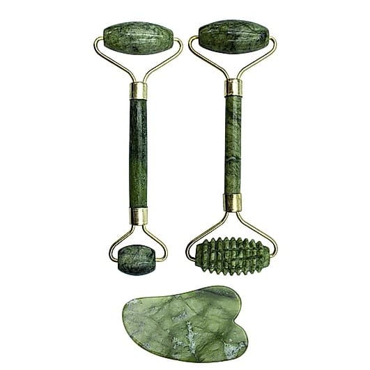 Kit 2 Rolo Massageador Facial Pedra de Jade + Placa Gua Sha