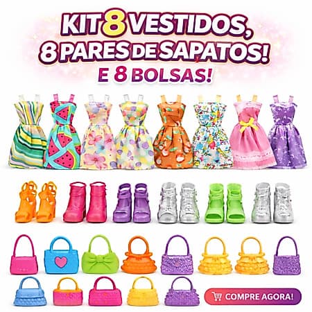 Kit Fashion para Boneca, Roupas + Sapatos + Bolsas - 24 Peças