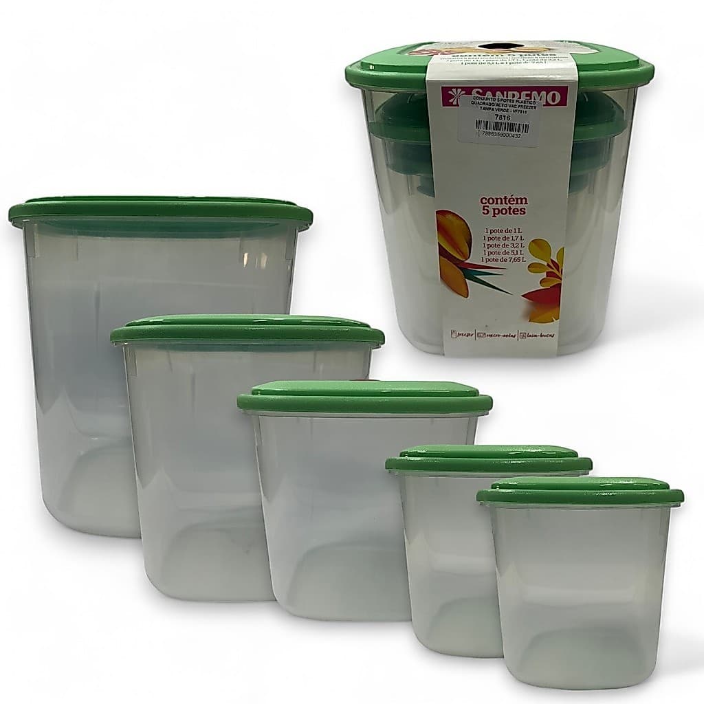 Conjunto Pote Plástico Quadrado Kit 5 Potes Para Mantimentos Tampa Reversível Jogo Vasilhas Sanremo