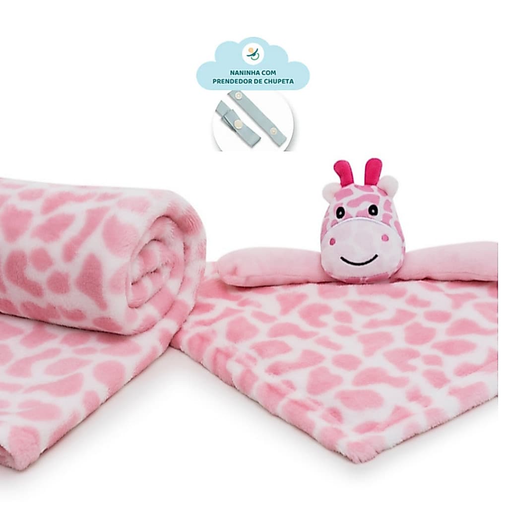 Kit 2 Peças Manta Soft Cobertor E Naninha Com Prendedor de Chupeta Pelucia Bebê Macio Antialérgico Rosa Girafa
