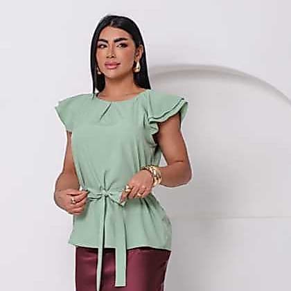Blusa Femenina Com Babado nas Mangas e Cinto - Elegante  Moderno