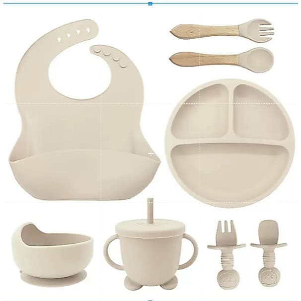 Kit 8 De Silicone Para Bebês Sucção Tigela De Alimentação Sem Escorregamento Colheres De Prato Dividido Copo De Palha