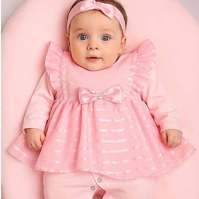 Saída Maternidade Menina Rosa Bailarina 4 Peças com Vestido, Macacão, Faixa e Manta em Algodão