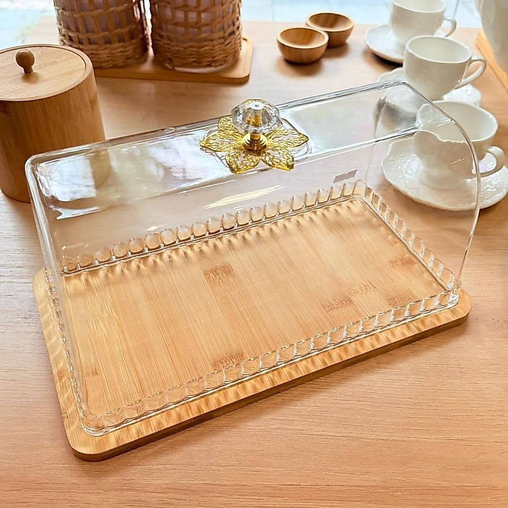 Bandeja Porta Pães e Bolos com Tampa em Bambu  29,4x16,5 cm