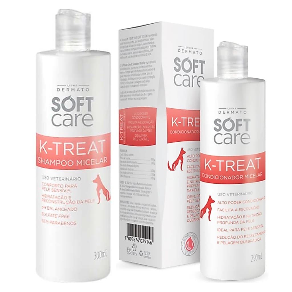 1 K-treat Condicionador e 1 Shampoo K-treat 300ml Soft Care Cães e Gatos