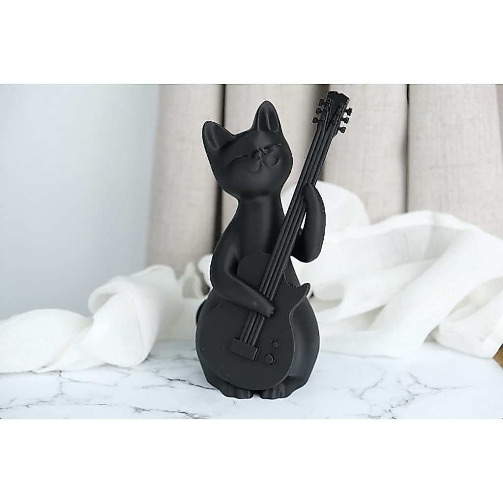 Estatueta Gato Musico 15 cm Contra-Baixo Violão Guitarra Estatua Decoração Sala Quarto Escritório Consultório
