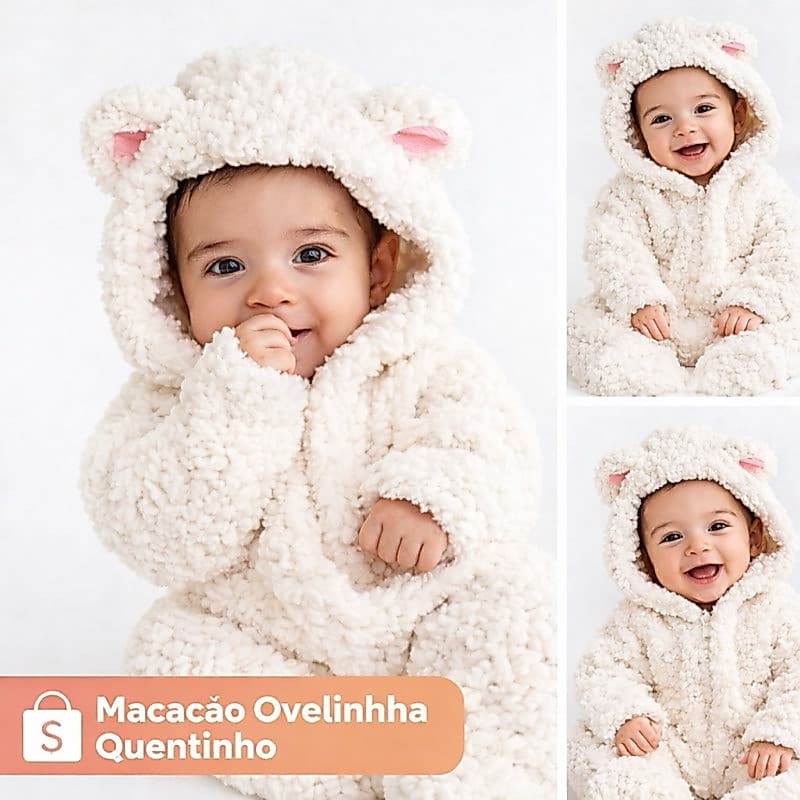Macacão Bebê Inverno Ovelhinha Sherpa Quentinho Antialérgico com Zíper 0 a 12 Meses
