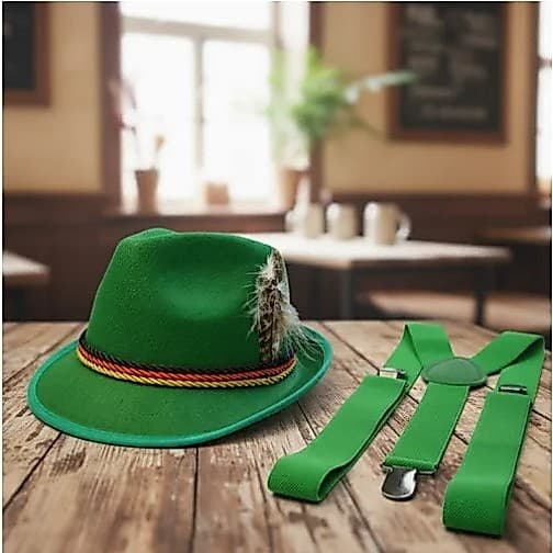 Kit Fantasia Alemão Oktoberfest Chapéu E Suspensório