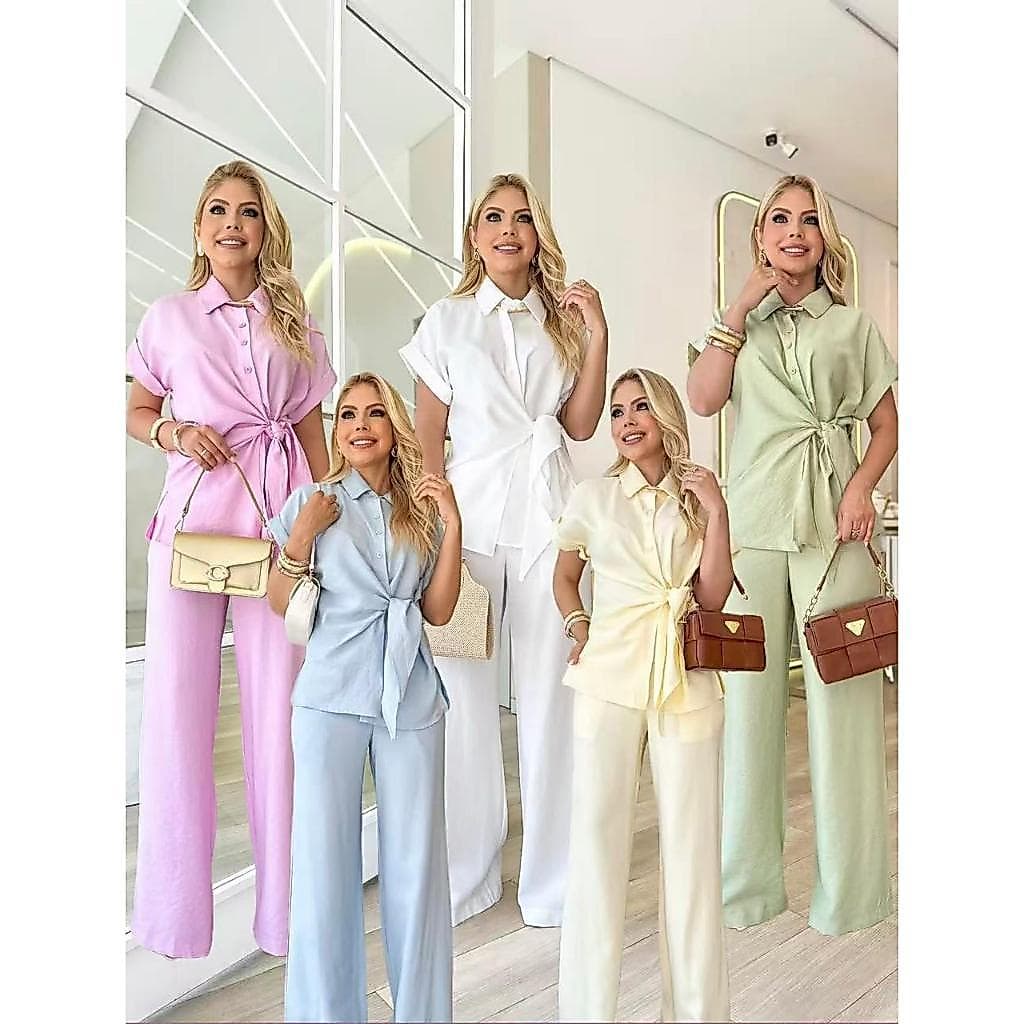 YAN FASHION Conjunto feminino elegante com amarração lateral e calça pantalona Cintura alta