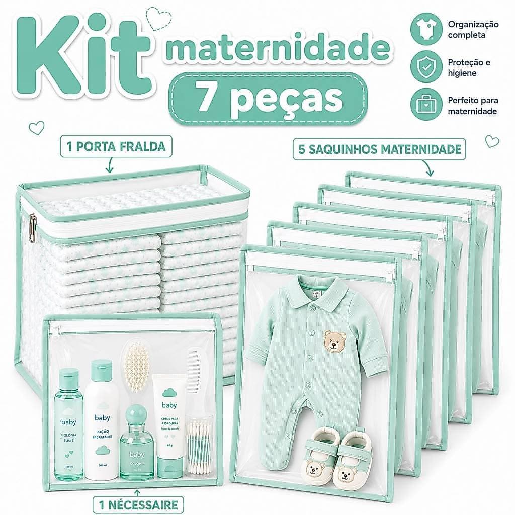 Kit 7 Peças Maternidade – 5 Saquinhos Organizadores + 2 Porta Fralda Remédio Necessaire Organizador
