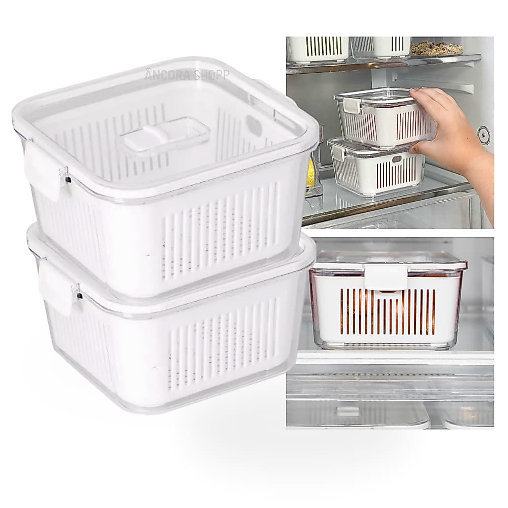 Kit 2 Pote Geladeira Hermetico Acrílico 1360ml Cesta Para Alimento Fruta Verdura Legume Conserva