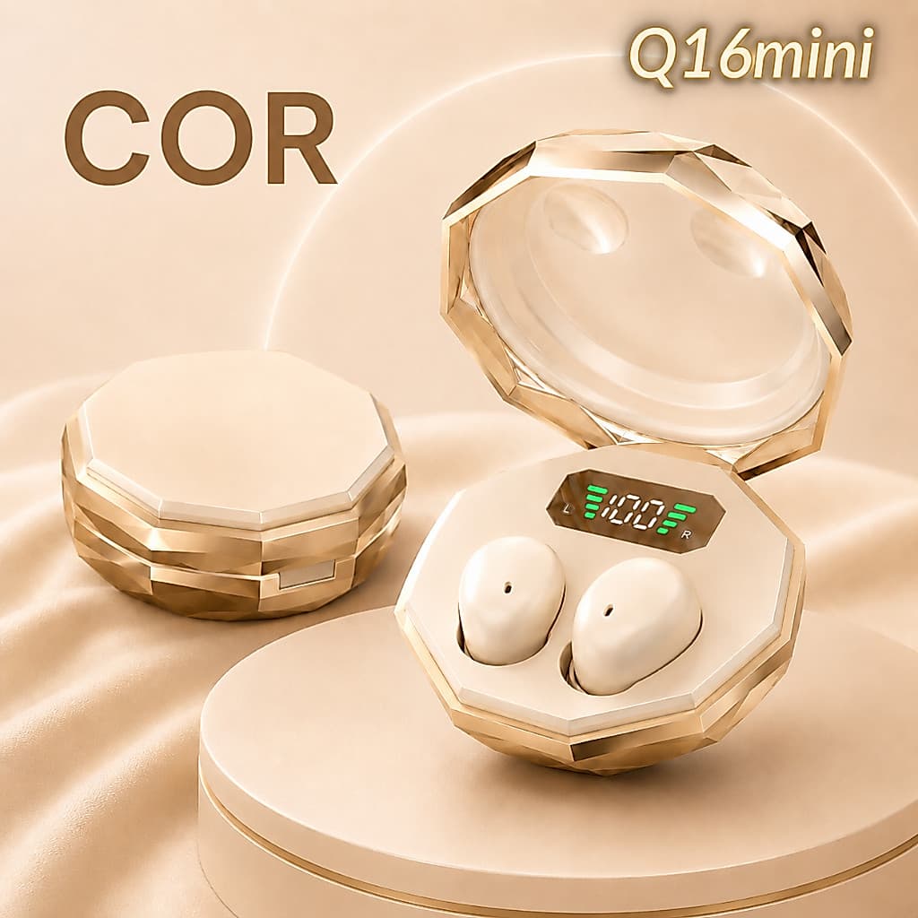 Fone Bluetooth Q16 Mini para Dormir, Bluetooth 6.0, Display Digital e Estojo Diamante