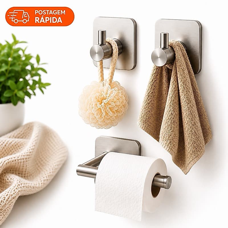 Kit Porta Papel Higiênico + Ganchos Adesivos Aço Inox 304 Sem Furo Alta Fixação
