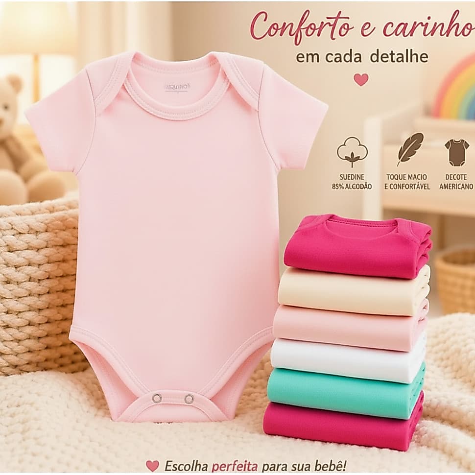 Kit 5 Body manga curta lisos sem estampa bebê menina menino algodão verão