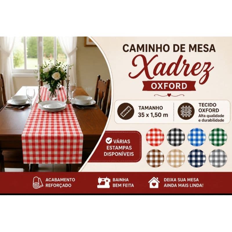 Caminho de Mesa Xadrez Oxford 35x1,50m | Trilho Decorativo para Mesa Posta