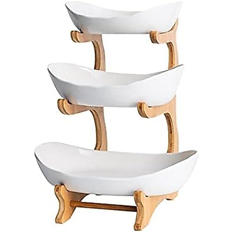 Tigela De Frutas De 3 Camadas Com Suporte De Bambu Para Balcão De Cozinha , Cesta Cerâmica De Grande Capacidade Armazena