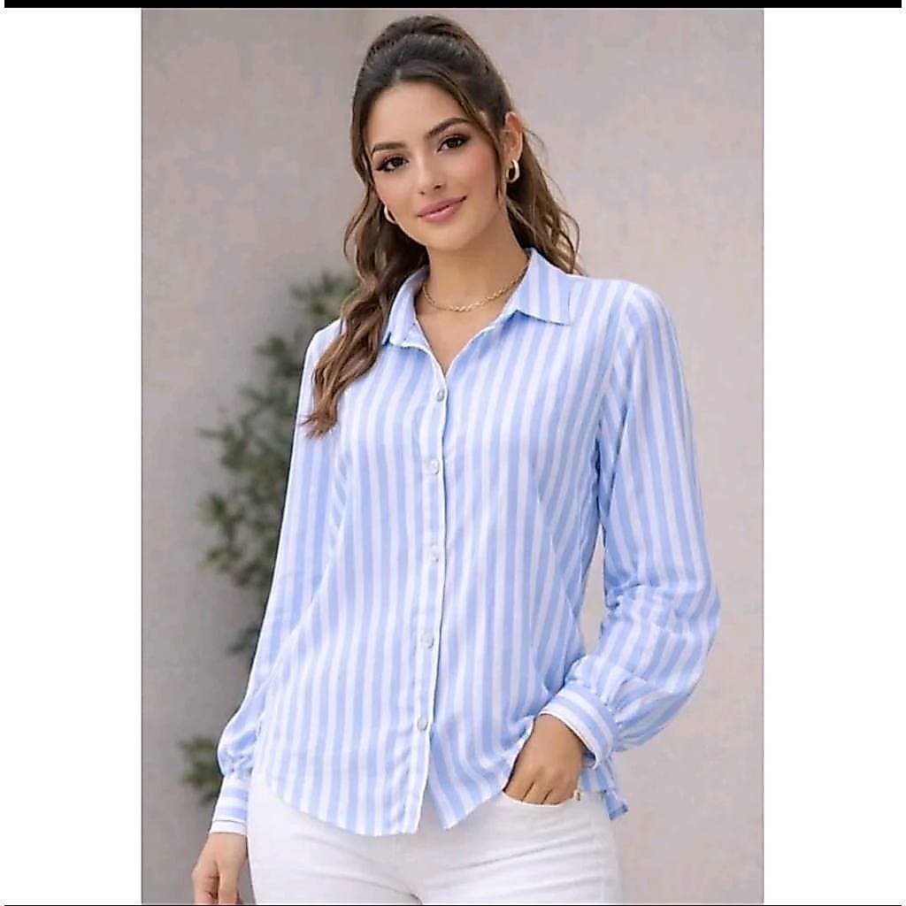 Camisa Femenina Listrada Tecido Duna Manga Longa Moda TOP (m-g-gg)