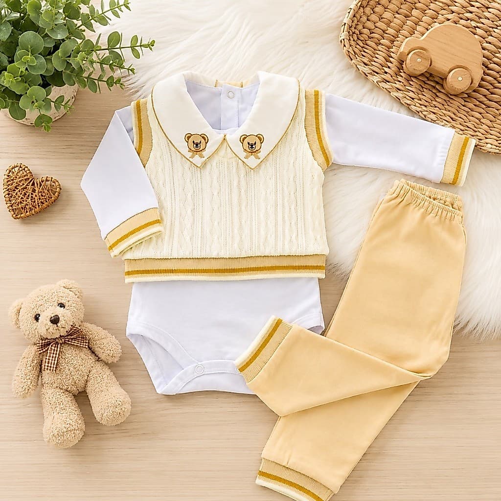 Kit Primeira Troca Bebê Com Colete Em Tricô 3 Peças
