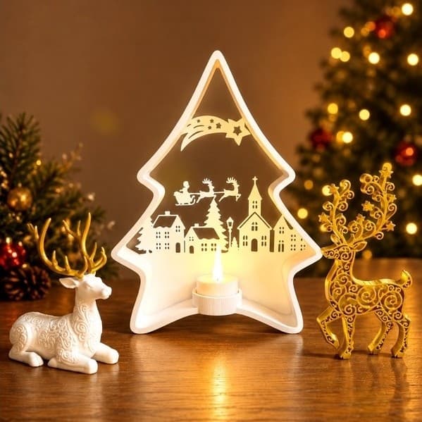 Decoração de Natal Vila Natalina Renas de Natal Árvore Decorativa Vela Led Enfeite Rena
