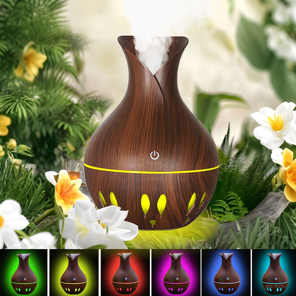 Umidificador De Ar E Difusor Aromatizador De Ambiente Vaso Tipo Madeira Purificador De Ar Portátil Usb Com Luz LED
