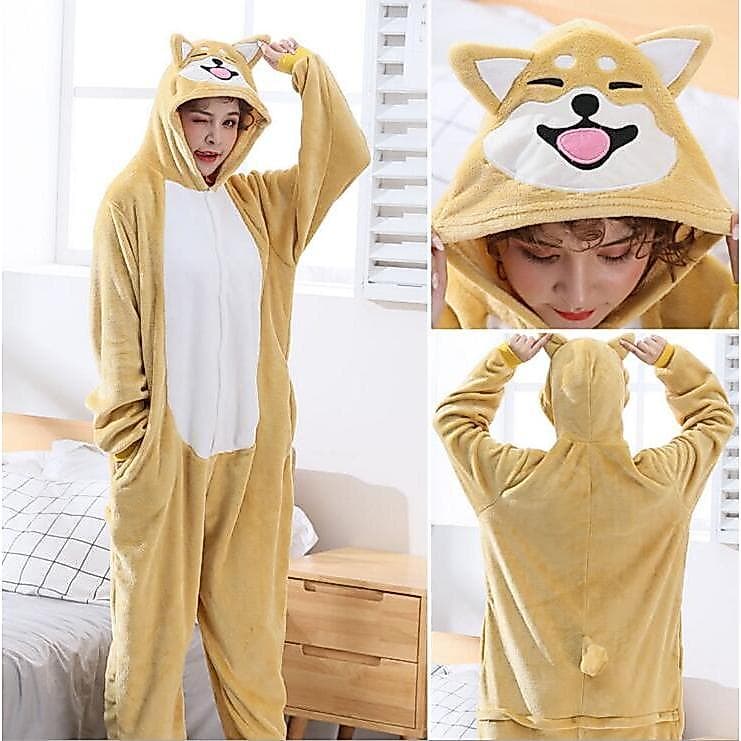 Bonito Shiba Inu dos desenhos animados pijamas de uma peça meninos meninas outono inverno flanela de manga comprida engr