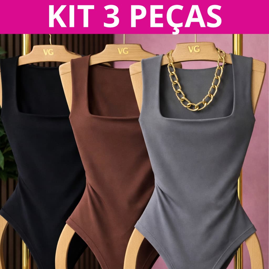 Kit 3 Body Decote Quadrado Casual Forro Duplo Alça Grossa Suplex Roupa Para Trabalhar