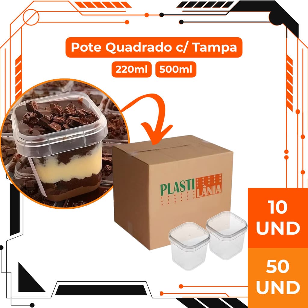 10 Unidades Pote Quadrado com Tampa Plastilania Bolo no Pote Embalagem Plástica para Sobremesas
