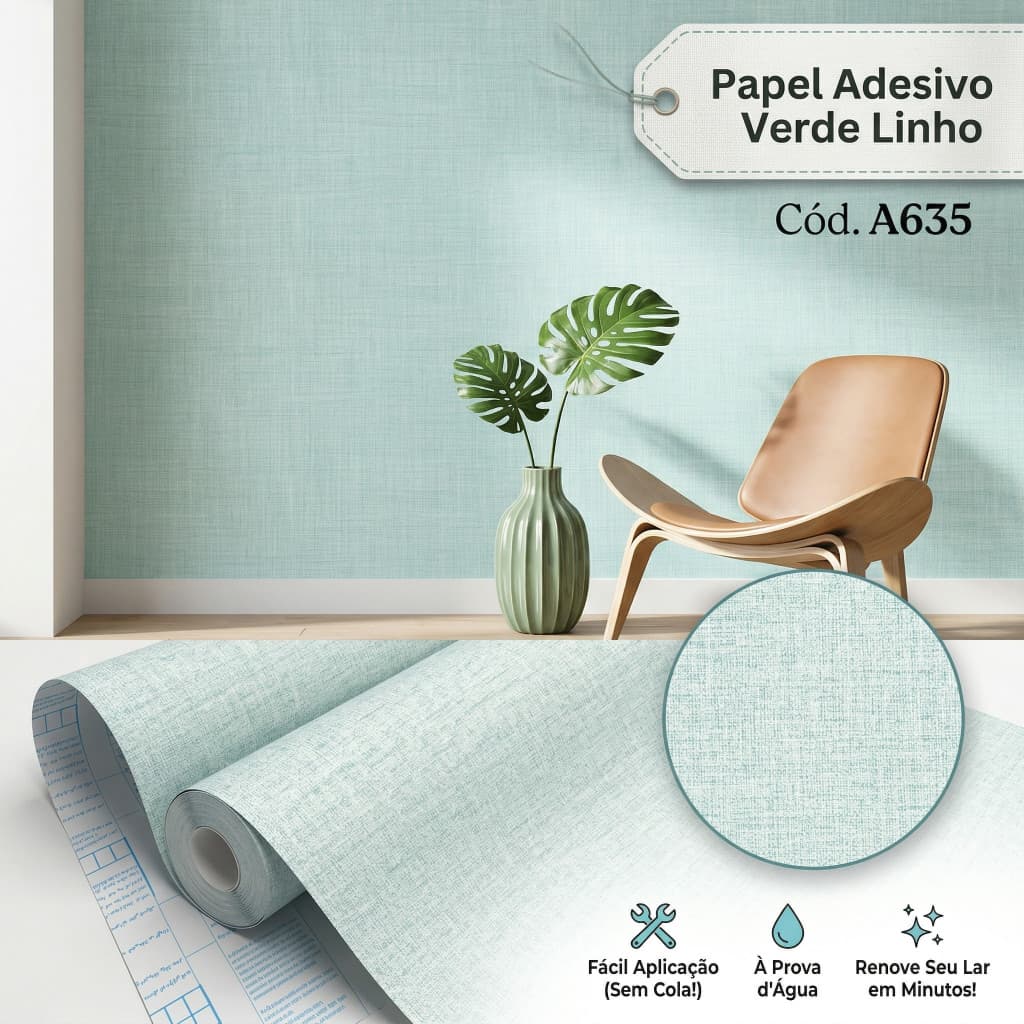 Papel de Parede Autoadesivo Linho Verde Claro Vinil Lavável 5m x 45cm para Parede, Móveis e Cozinha