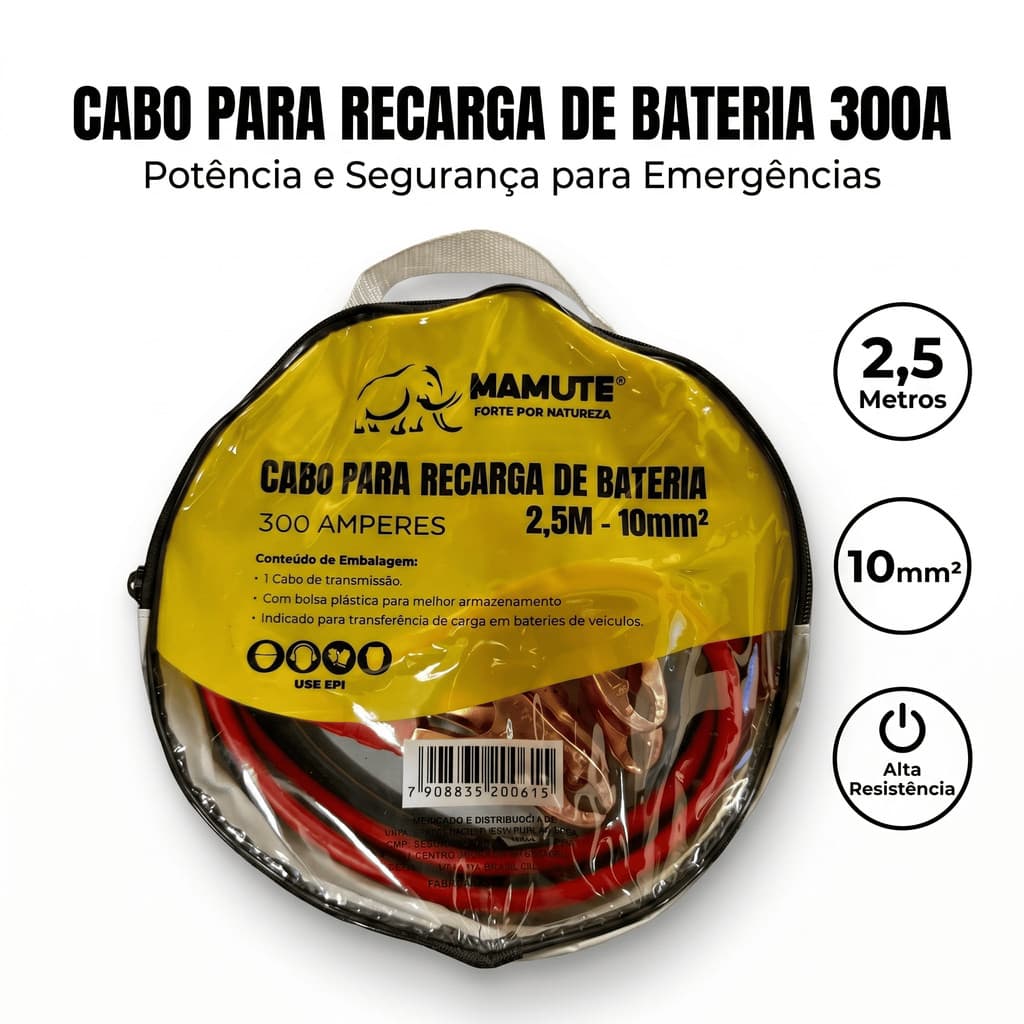 Cabo Auxiliar De Carga Para Bateria Chupeta Recarga 2,5 Metros 10mm 300a Mamute