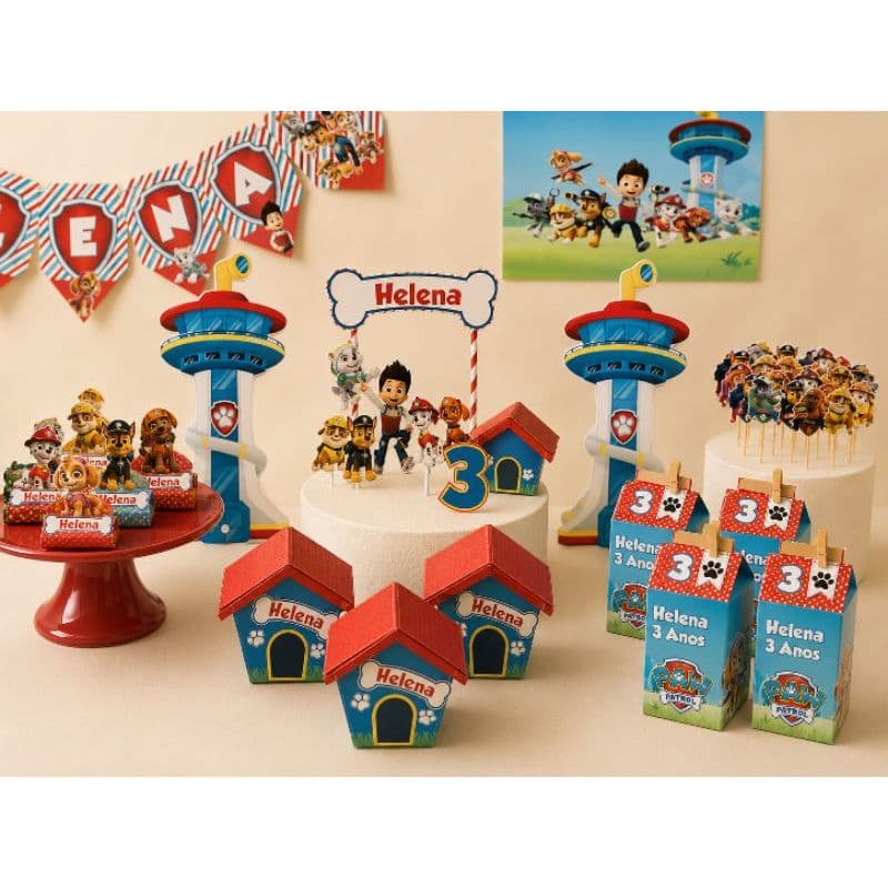Kit Festa Patrulha Canina Personalizado Completo | Casinhas 3D + Caixas Milk + Topo de Bolo