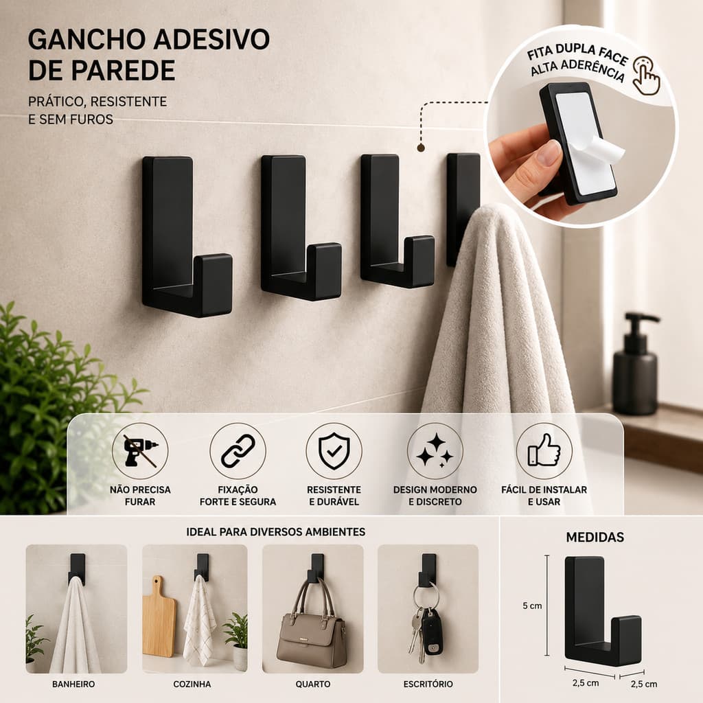 5 Cabide Gancho Suporte Adesivo de Parede com Fita Dupla Face para Toalhas Banheiro Cor Preto Branco Porta
