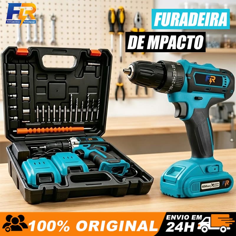 Parafusadeira impacto sem fio 48V 2 baterias 3 funções kit com 29 peças para reformas caseiras