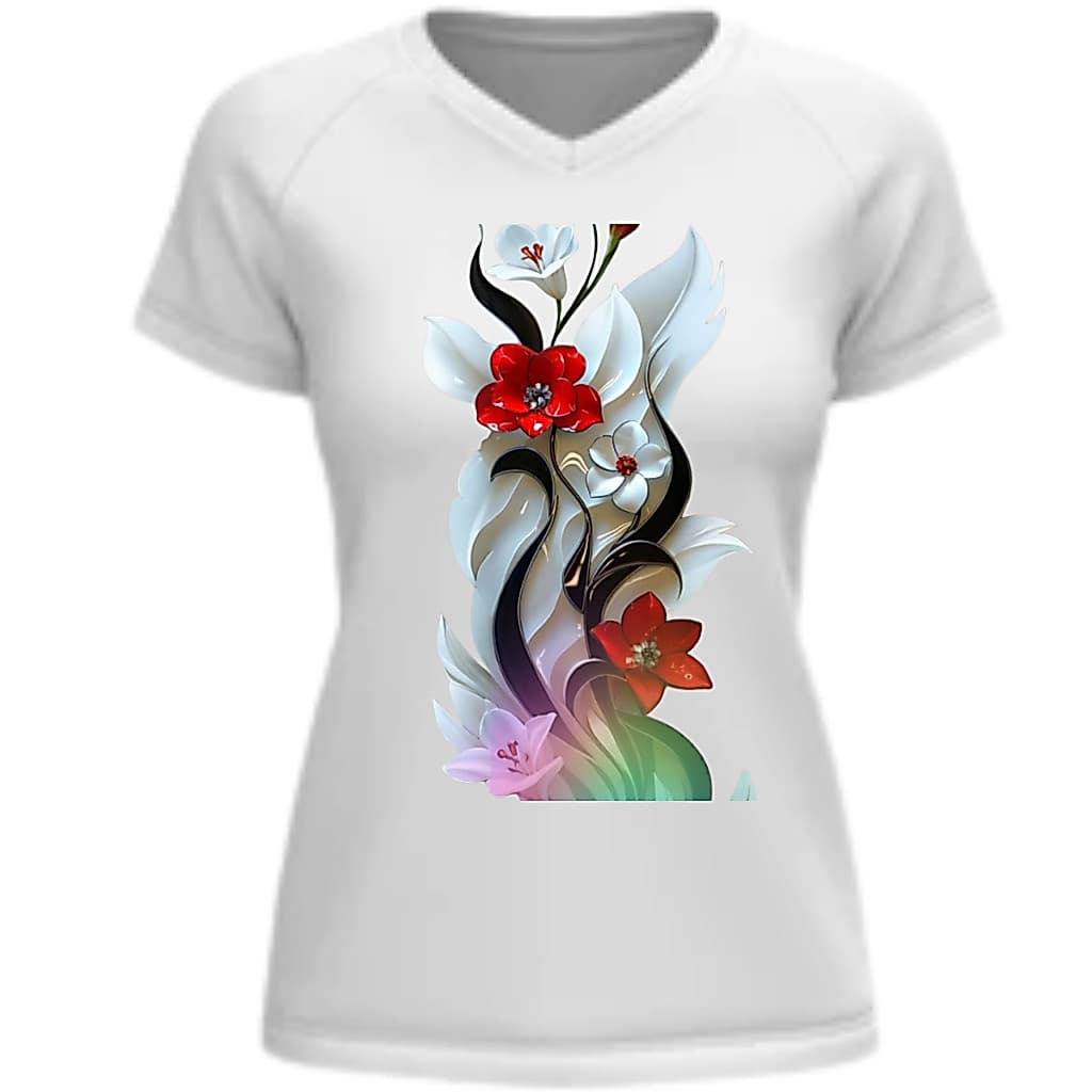 CAMISETA BABY LOOK, ESTAMPADA EM TDF TEXTIL, TEMA FLORAL.