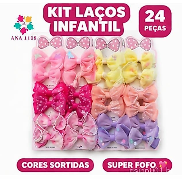 ANA 1108 Kit Laços Infantil 24 Peças Coloridos Presilha Cabelo Menina Acessórios Criança
