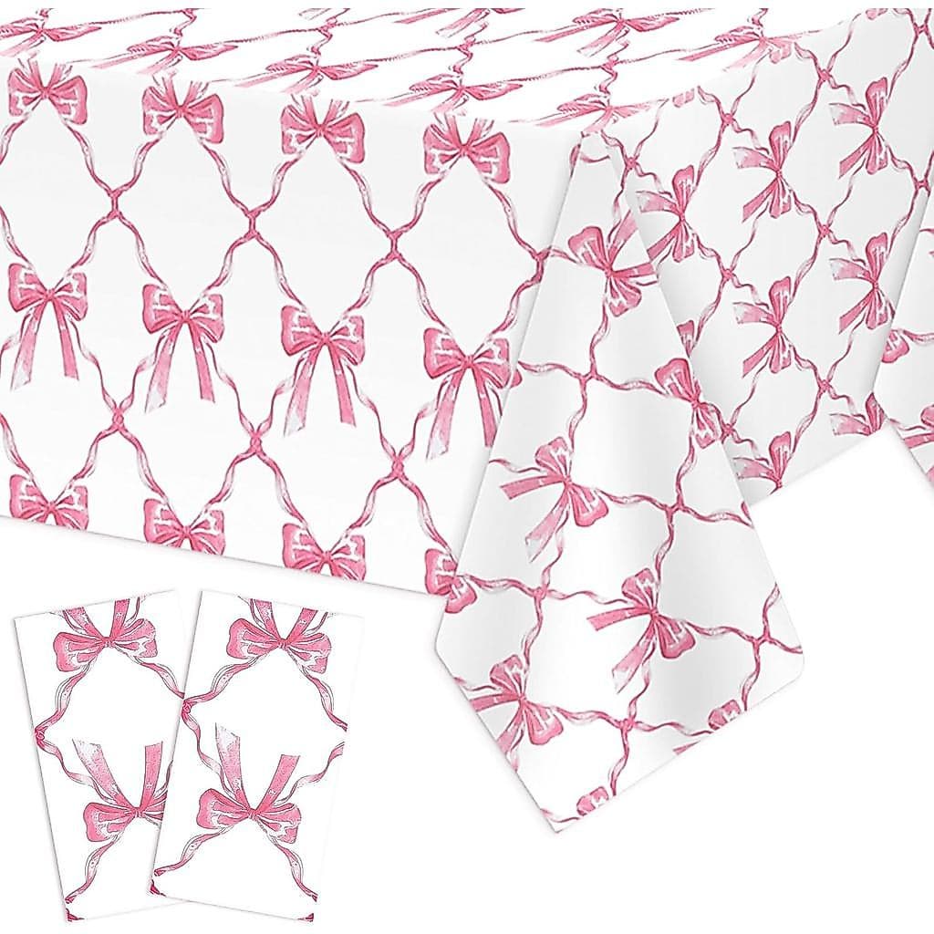 Oudain 2 Peças Toalha de Mesa Rosa com Laço, Capa de Mesa com Laço Fofo, Toalha de Mesa Descartável de Plástico Coquette