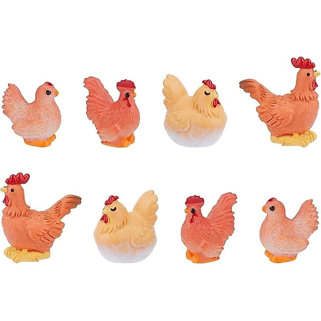Conjunto de 8 Mini Figuras de Galinhas – Ornamentos de Galinha e Galo em Resina 3D, Miniaturas de Galo Pequeno para Jard