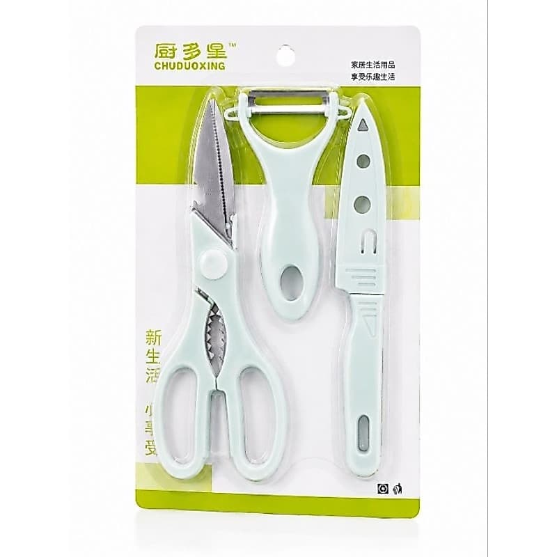 Kit Cozinha 3 Peças Tesoura Descascador Faca Multiuso Aço Inox Utensílios Domésticos Prático