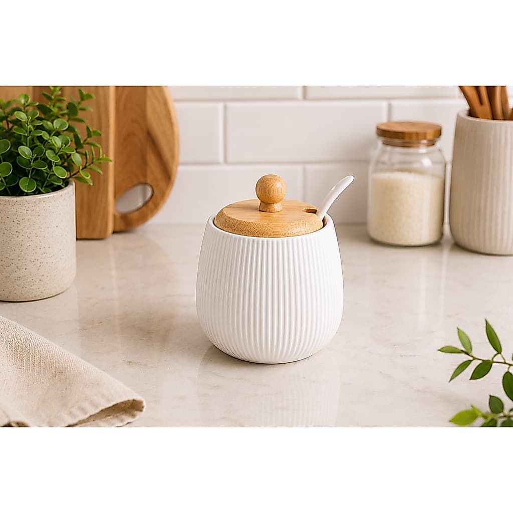 Açucareiro de Cerâmica com Tampa de Bambu e Colher Hauskraft Premium Porta Açúcar Decorativo