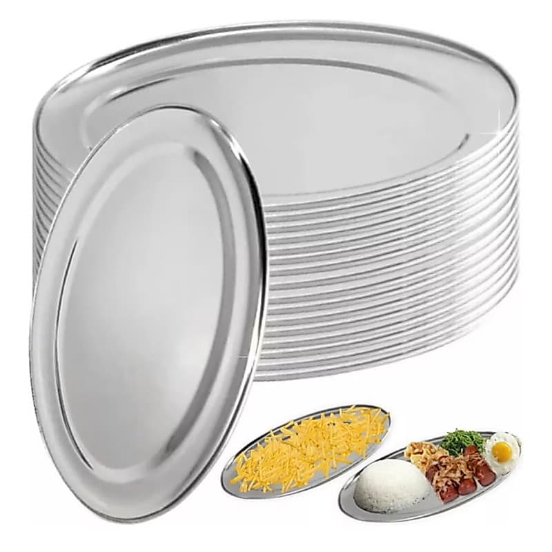 Kit 10 bandejas travessas aço inox 22, 25, 30 e 35 cm oval rasa para bar e restaurante servir porções